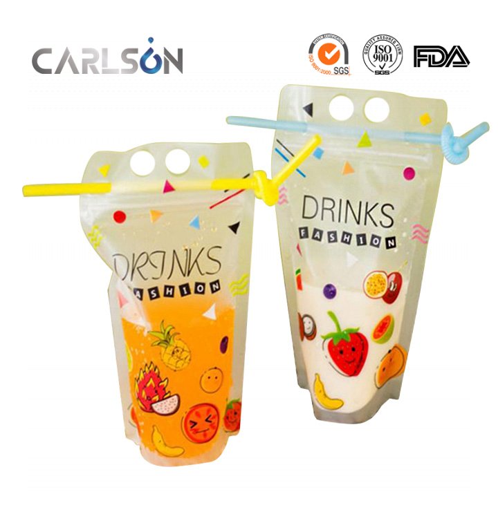 Portable Juicy Drink Bags With Straw Upgraded Stand Up Drink Container Plastic Reclosable Zipper Drink Pouches